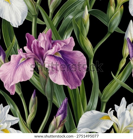 Seamless vector pattern with water iris flowers isolated on a changeable background.