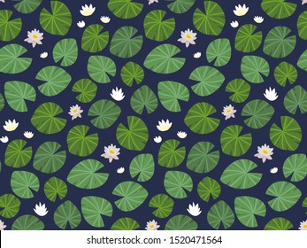 Seamless vector pattern with water lilies and white Lotus flowers on dark background in hand drawn style. Fashionable print for design, interior, fabrics. Collection of floral prints.