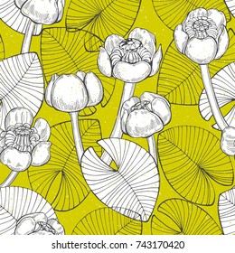 Seamless vector pattern with water lilies on a bright green background. Hand-drawn illustration.