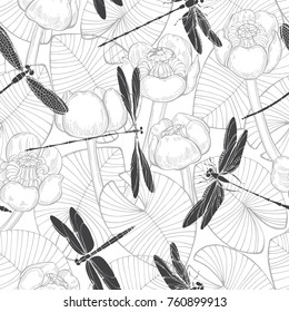 Seamless vector pattern with water lilies and dragonflies. Monochrome  hand-drawn illustration.