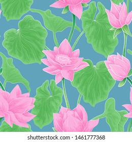 Seamless vector pattern with water lily flowers, blossom bud and leaves illustration. Hand draw repeater background with lotus elements on blue background.