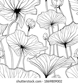 Seamless vector pattern with water lily flowers and leaves. Floral ornament. Vector illustration