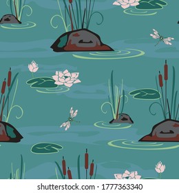 Seamless vector pattern with water lily's and rocks on blue background. Calm lake wallpaper design with dragonfly. Zen water fashion textile.