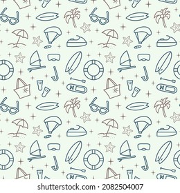 Seamless vector pattern with Water Sport Equipment. Sports Games Equipment and activities. For fabric, paper, wrap, textile, poster, scrapbooking, wallpaper or background, for web site or mobile app.