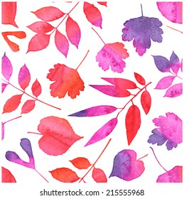 Seamless vector pattern. Watercolor bright pink, red and violet leaves om white background. 