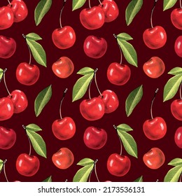 Seamless vector pattern, watercolor cherries on dark background