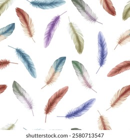 Seamless vector pattern with watercolor colorul feathers