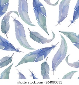 Seamless vector pattern with watercolor feathers. Decorative elements with plumes. Hand drawn background.