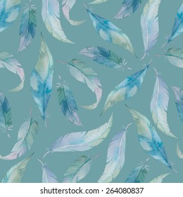 Seamless vector pattern with watercolor feathers. Decorative elements with plumes. Hand drawn background.