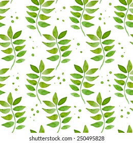 Seamless vector pattern with watercolor floral elements and drops. Hand drawn ornament with green twigs and points. Perfect for greetings, invitations, manufacture wrapping paper, web design.
