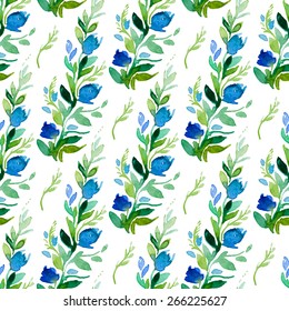 Seamless vector pattern with watercolor floral elements. Hand drawn ornament with blue flowers.  Perfect for greetings, invitations, manufacture wrapping paper, textile, web design.