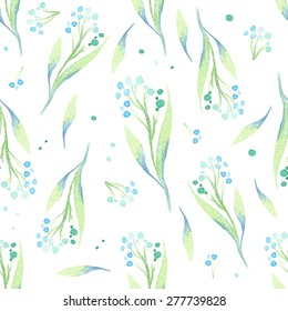 Seamless vector pattern with watercolor floral elements and drops. Hand drawn ornament with herbs.  Perfect for greetings, invitations, manufacture wrapping paper, textile, web design.