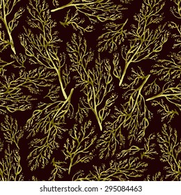 Seamless vector pattern with watercolor golden lacy herbs on dark background. Hand drawn pattern with thin branches. 