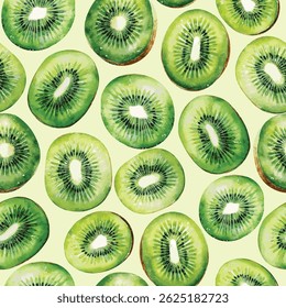Seamless vector pattern with watercolor illustrations of kiwi slices