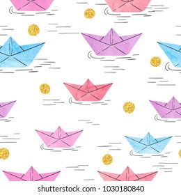 Seamless vector pattern with watercolor paper boats.
