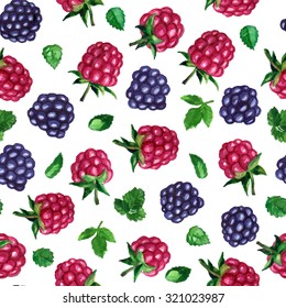 Seamless vector pattern with watercolor rasberries and blackberries on white background