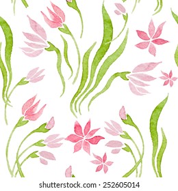 Seamless vector pattern with watercolor rose tulips on white background. Hand drawn  delicate ornament.  Perfect for greetings, invitations, manufacture wrapping paper, textile, web design.