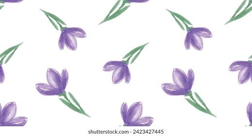 Seamless vector pattern of watercolor sketches spring delicate purple snowdrops flowers, background for paper,textile