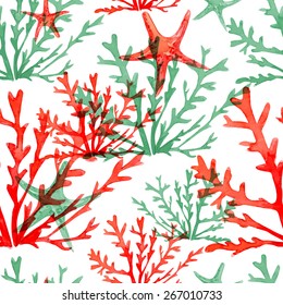 Seamless vector pattern. Watercolor texture. Sea. Vector background with starfish and water plant. Can be used for wallpaper, pack, banner, web page. Seaweed, alga.