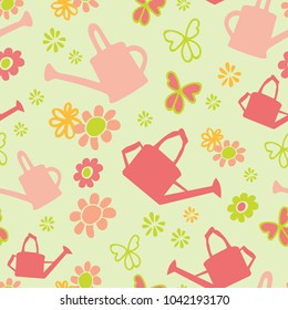Seamless vector pattern  of watering cans and flowers. 