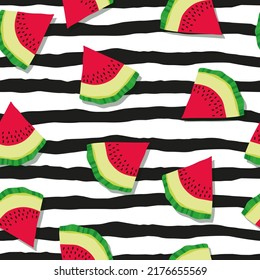 seamless vector pattern with watermelon elements arranged randomly on a black and white stripes background