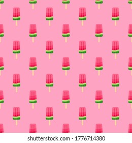 Seamless vector pattern of watermelon ice cream. Illustration in cartoon style. Stylized summer juicy print for your design of cards, textiles, t-shirts, banners, fabrics, backgrounds.