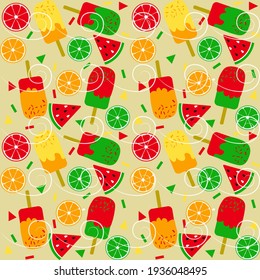 Seamless vector pattern with watermelon ice cream, lime ice cream, orange ice cream,  confetti with curly waves, handmade. An illustration of a cold dessert for summer.