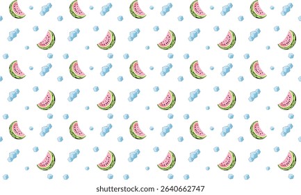 Seamless vector pattern of watermelon and ice cubes. Summer pattern on transparent background.