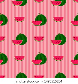 Seamless vector pattern watermelon on a striped background. Pink, green, red and black.