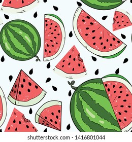 Seamless vector pattern with watermelon, parts and seeds on white background. Wallpaper, fabric and textile design. Good for printing. Cute wrapping paper pattern with fruits.