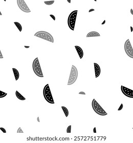Seamless vector pattern with watermelon piece symbols, creating a creative monochrome background with rotated elements. Vector illustration on white background
