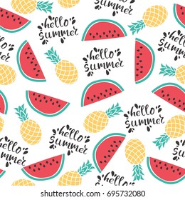Seamless vector pattern with watermelon, pineapple and says "Hello, summer!"