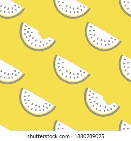 Seamless vector pattern with watermelon slices in trendy 2021 colors - utterly gray and glowing. White slices of watermelon on a yellow background. Cute illustrations for children's prints.