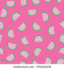 Seamless vector pattern watermelon slices on pink background. Watermelons repeating backdrop. Scandinavian style cute summer fruit surface pattern design for fabric, wallpaper, packaging, kids wear.