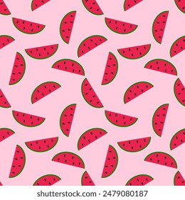 Seamless vector pattern with watermelon slices on a pink background. Summer print for textiles, covers, surfaces.