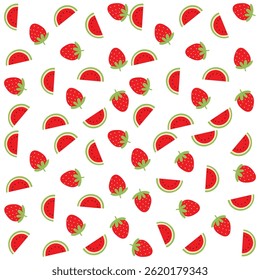Seamless vector pattern with watermelon slices and strawberries in bright matching colors. Great for fabric, packaging, kids’ designs, stationery, branding, summer and digital projects.