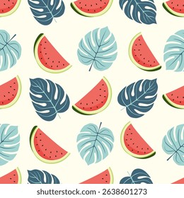 Seamless vector pattern with watermelon slices and monstera leaves. Perfect for summer textiles, wrapping paper, wallpapers, and packaging design.