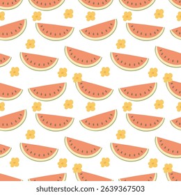 Seamless Vector Pattern with Watermelon Slices and Yellow Flowers on White Background