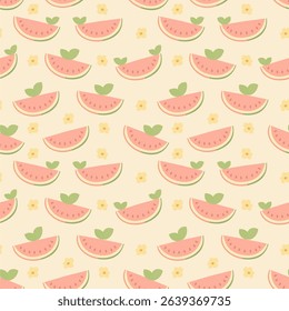 Seamless Vector Pattern with Watermelon Slices, Green Leaves and Yellow Flowers on Cream Background