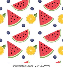 Seamless vector pattern with watermelon slices, oranges and blueberries. Colorful fruit design, for summer textiles, wrapping paper, kitchen decor.