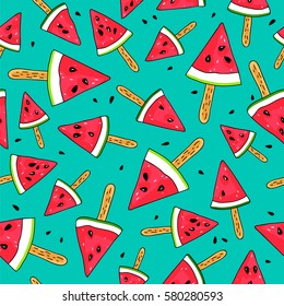 Seamless vector pattern of watermelon slices on a stick on a blue background.
Wrapping paper. Summertime concept.