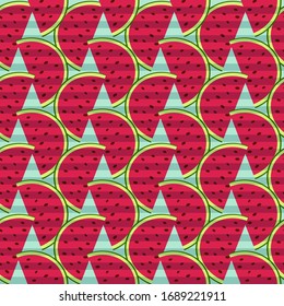 Seamless vector pattern with watermelons. Bright green and red slices of watermelons on a striped background. Summer illustration