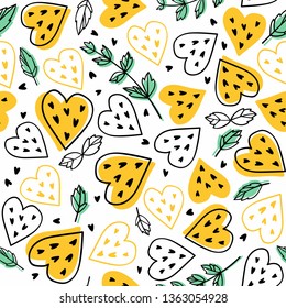 Seamless vector pattern with watermelons hearts and mint.Bright summer background.  