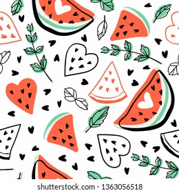 Seamless vector pattern with watermelons and mint.Bright summer background.  
