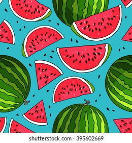 Seamless vector pattern of watermelons on a blue background. Elements for design. Juicy watermelon summer fruit. Summer market. Good breakfast.