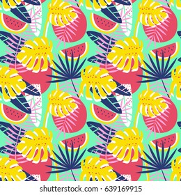 Seamless vector pattern with watermelons and tropical plants. For birthday, party invitations, scrapbook, summer holidays. Vector illustration in blue, pink, green and yellow colors.
