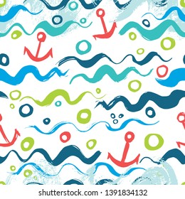 Seamless vector pattern with waves, sea and anchors. Color ink.