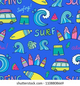 Seamless vector pattern with waves and surfing elements and lettering.