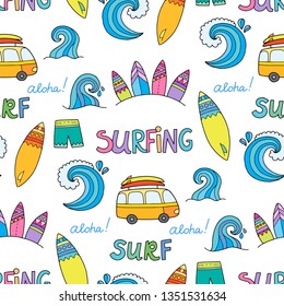 Seamless vector pattern with waves and surfing elements and lettering.