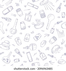 Seamless vector pattern for website wallpapers and landing pages of alternative medicine. Flasks and bottles with masks, acupuncture needles, homeopathy and aromatherapy supplies. Delicate very peri l